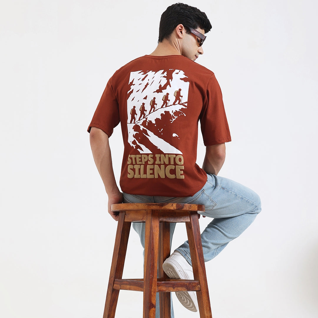 Steps Into Silence Oversized Graphic T-Shirt – Mountain Trekking Adventure Tee for Men, Cofee Brown
