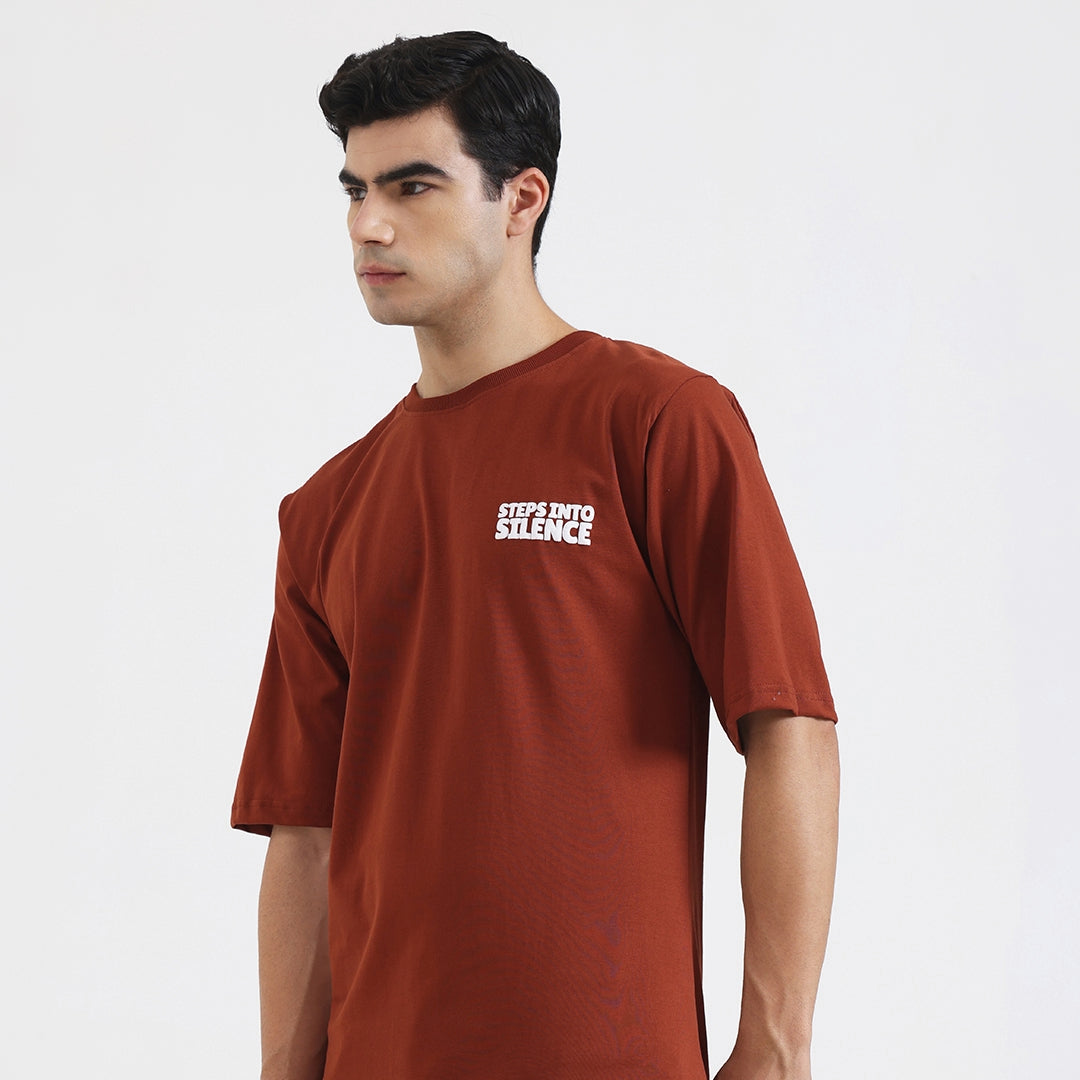 Steps Into Silence Oversized Graphic T-Shirt – Mountain Trekking Adventure Tee for Men, Cofee Brown