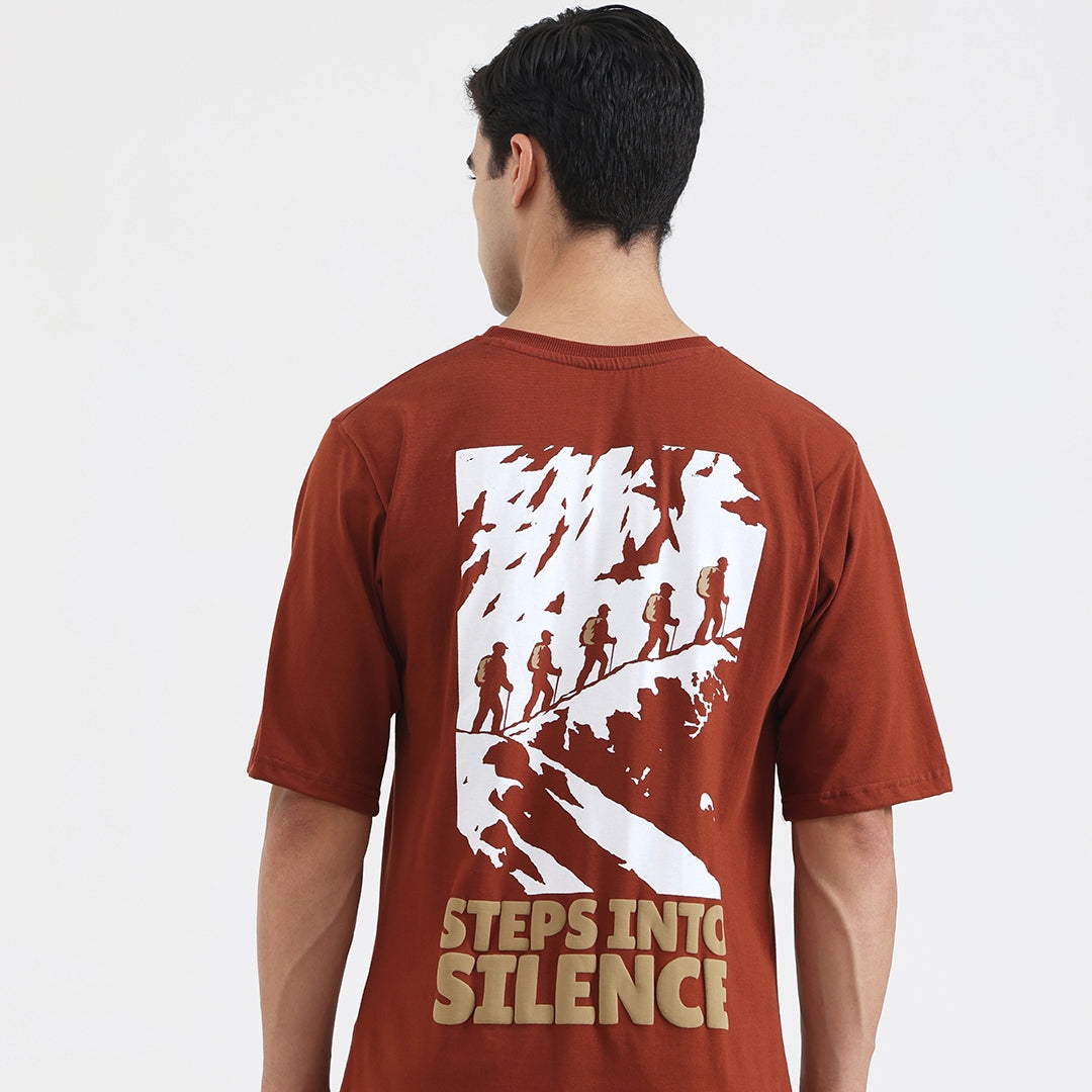 Steps Into Silence Oversized Graphic T-Shirt – Mountain Trekking Adventure Tee for Men, Cofee Brown