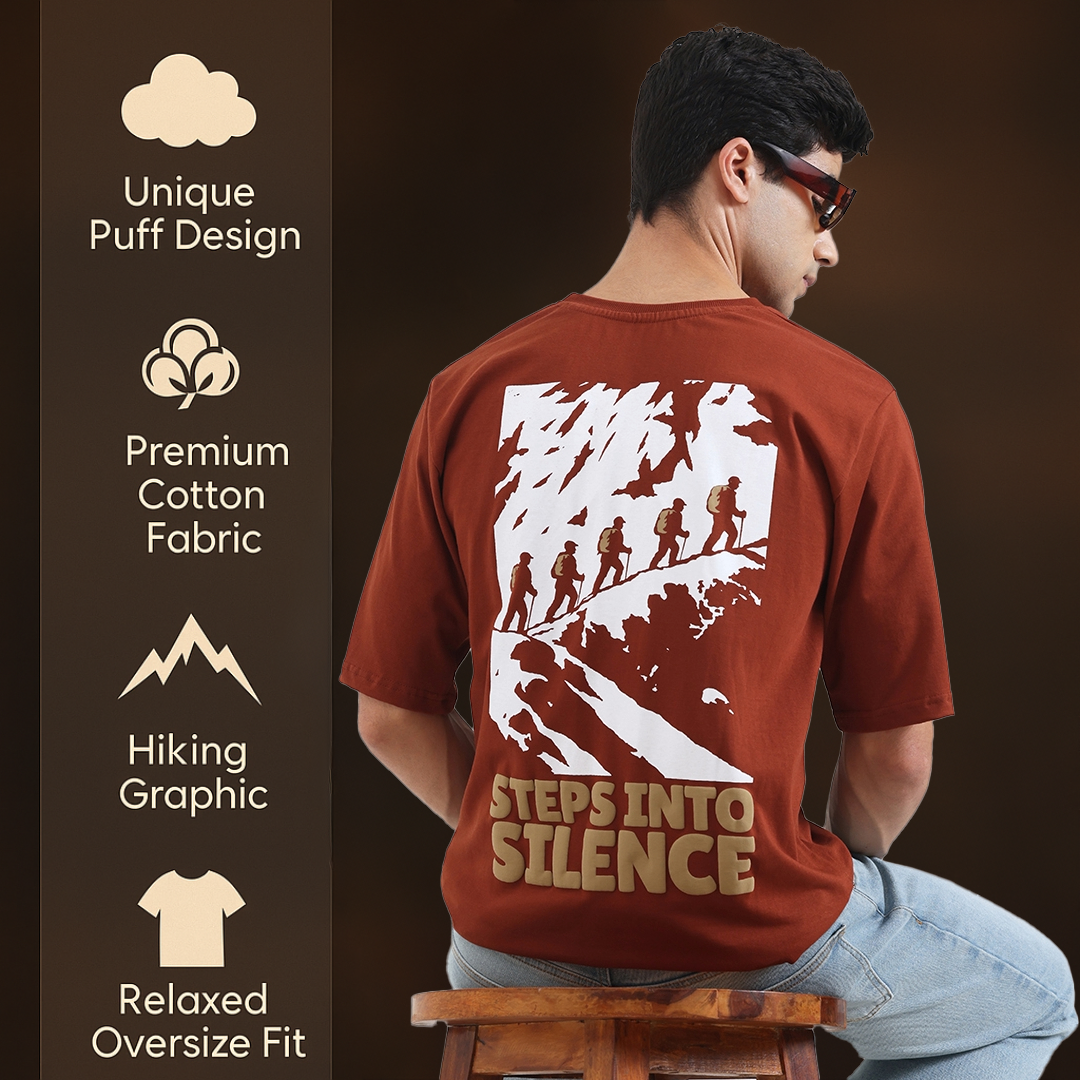 Steps Into Silence Oversized Graphic T-Shirt – Mountain Trekking Adventure Tee for Men, Cofee Brown