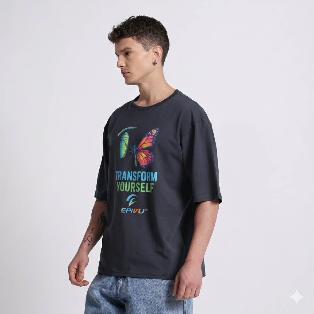 Transform Yourself Oversized Graphic T-Shirt – Motivational Butterfly Print Tee for Men, Grey