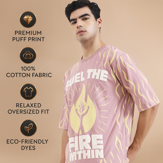 Fuel The Fire Within Graphic Oversized T-Shirt – Motivational Flame Print Tee for Men, Onion