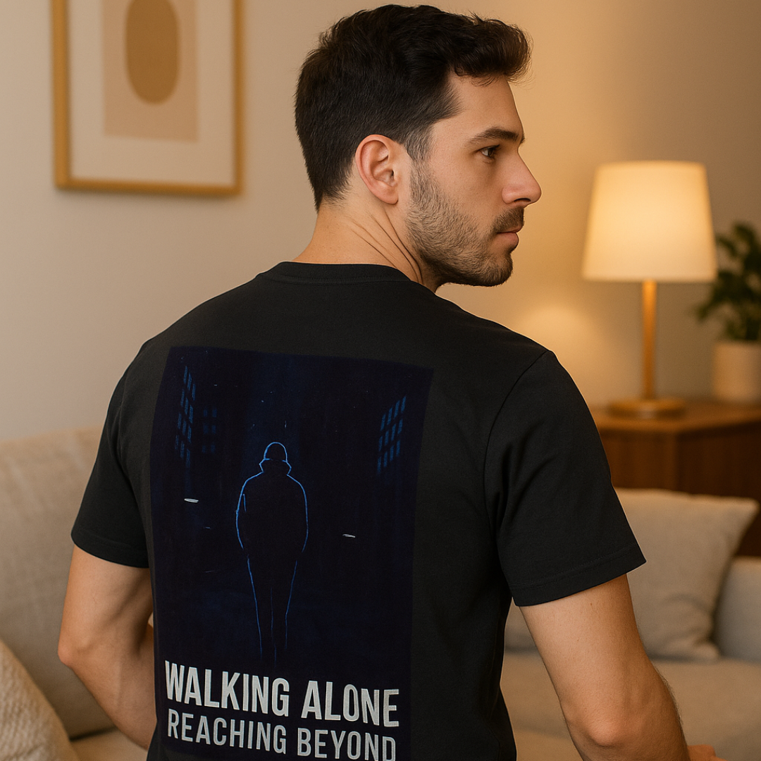 Walking Alone Reaching Beyond Graphic Regular T-Shirt – Motivational Urban Night Tee for Men