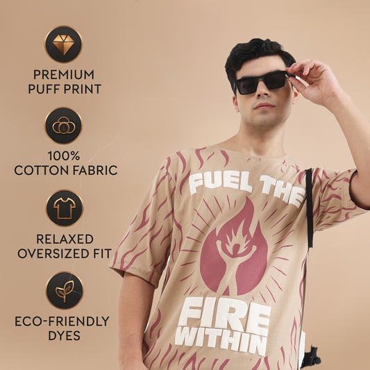 Fuel The Fire Within Graphic Oversized T-Shirt – Motivational Flame Print Tee for Men, Beige