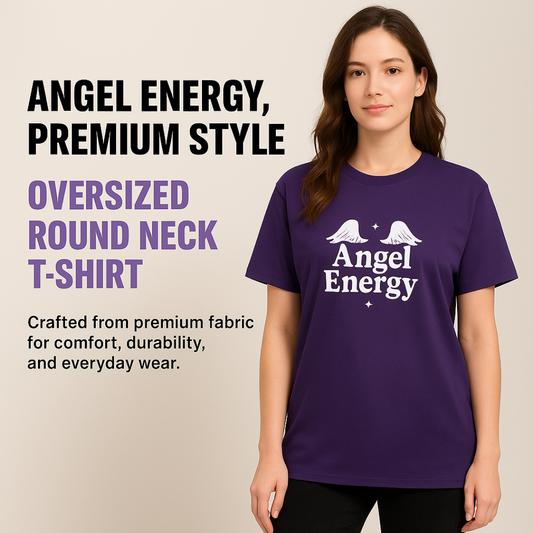 Angel Energy Oversized Graphic T-Shirt for Women – Aesthetic Purple Tee with Angel Wings Print