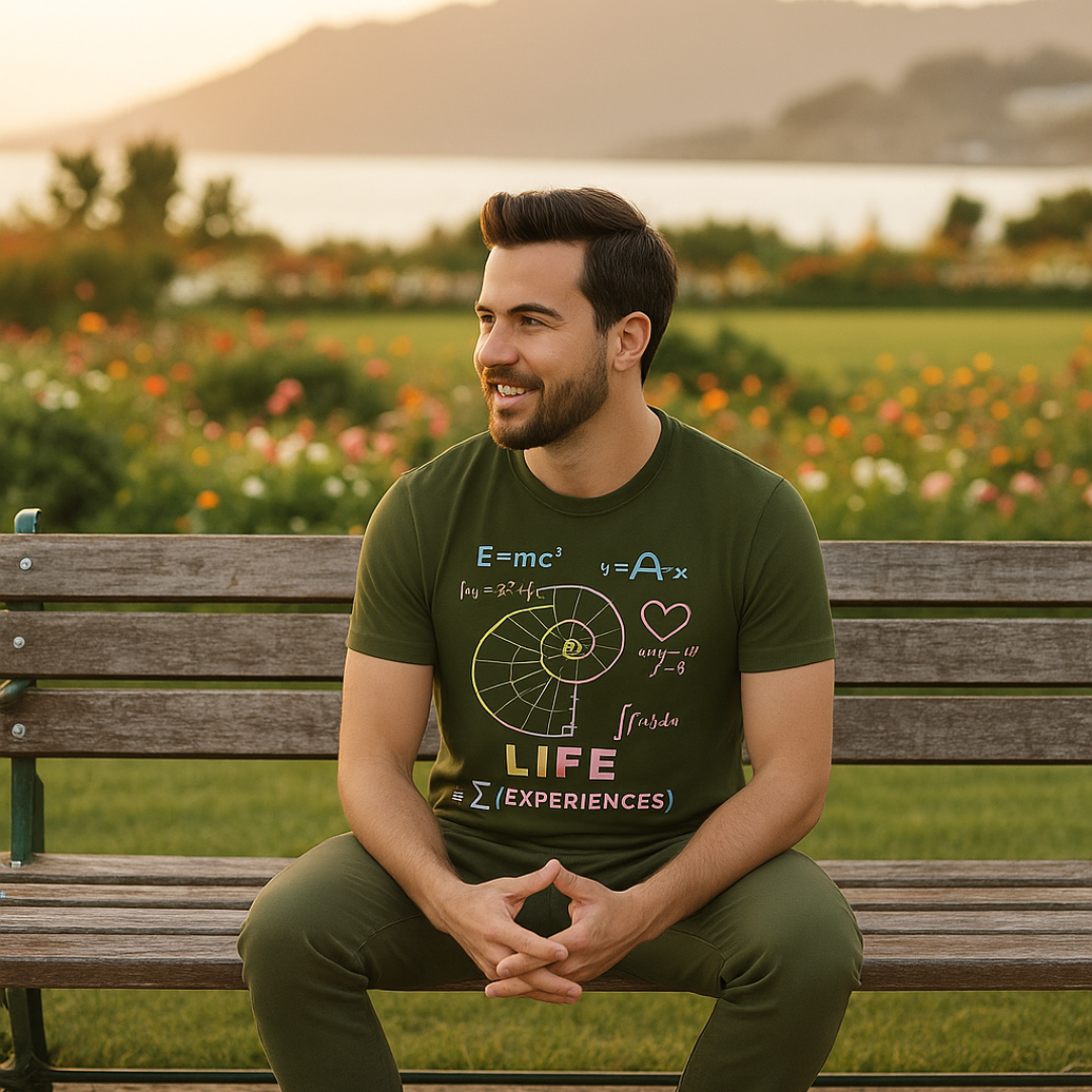 Life = Σ(Experiences) Graphic Regular T-Shirt – Math & Science Inspired Motivational Tee for Men, Olive