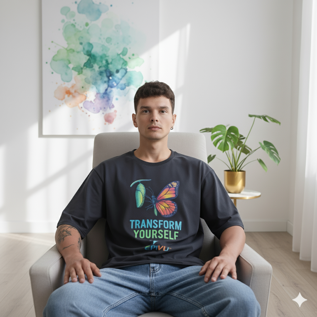 Transform Yourself Oversized Graphic T-Shirt – Motivational Butterfly Print Tee for Men, Grey