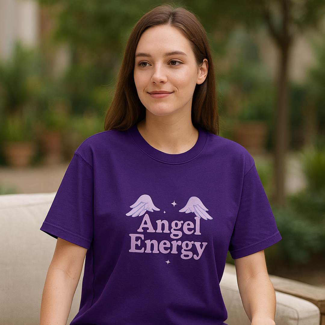 Angel Energy Oversized Graphic T-Shirt for Women – Aesthetic Purple Tee with Angel Wings Print