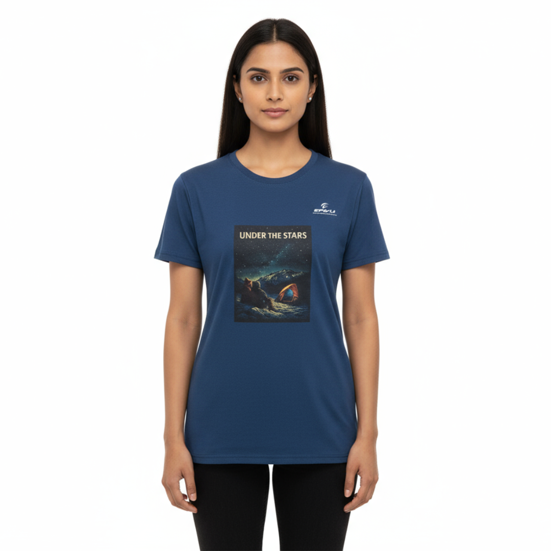 Under The Stars Graphic T-Shirt – Adventure Camping Night Sky Tee for Women