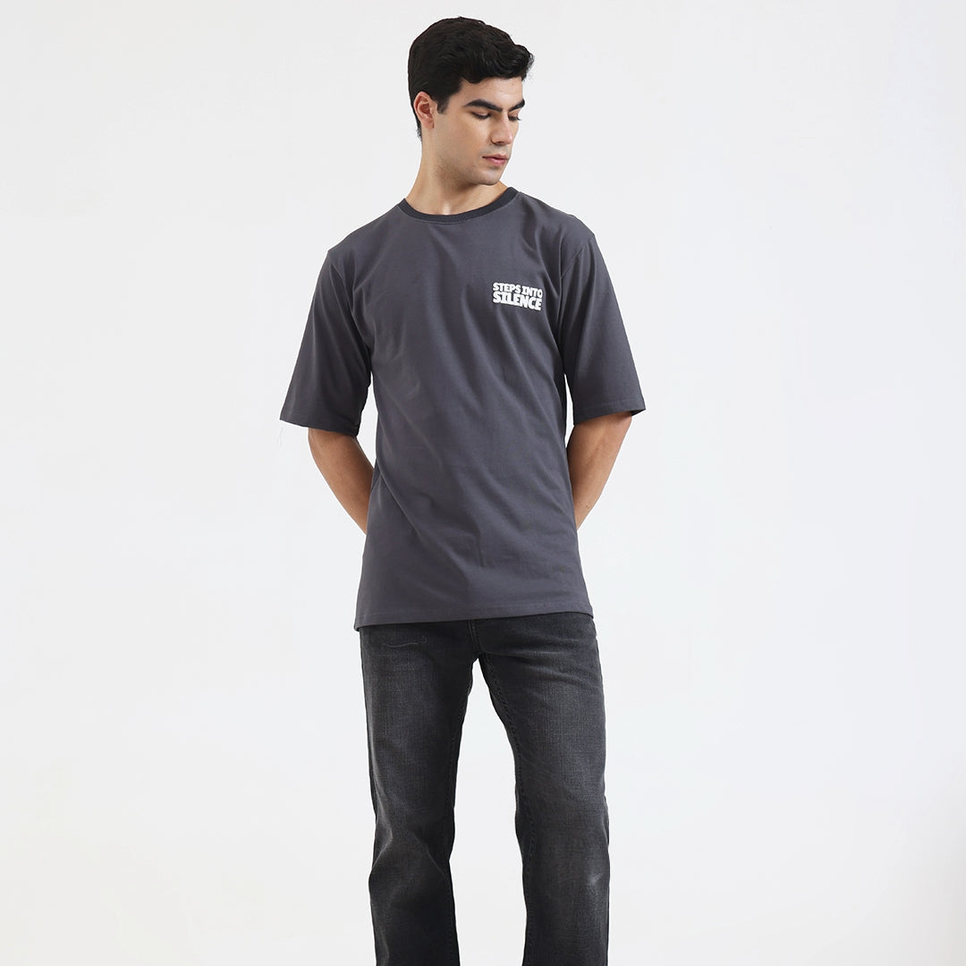 Steps Into Silence Oversized Graphic T-Shirt – Mountain Trekking Adventure Tee for Men, Grey