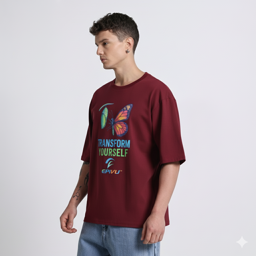 Transform Yourself Oversized Graphic T-Shirt – Motivational Butterfly Print Tee for Men, Wine