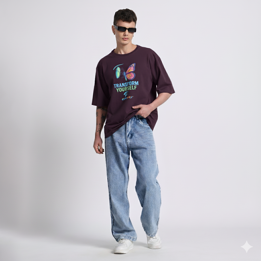Transform Yourself Oversized Graphic T-Shirt – Motivational Butterfly Print Tee for Men, Wine