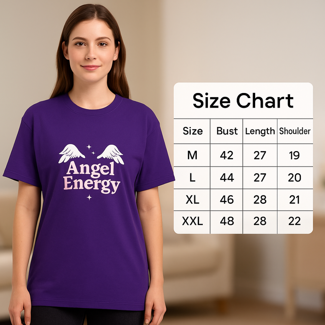 Angel Energy Oversized Graphic T-Shirt for Women – Aesthetic Purple Tee with Angel Wings Print