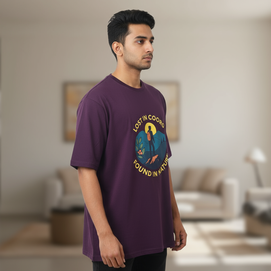 Lost in Coorg Found in Nature Graphic Oversized T-Shirt – Adventure & Travel-Inspired Tee for Men