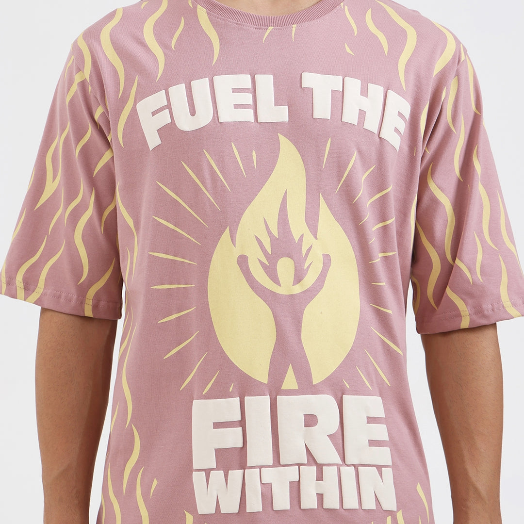Fuel The Fire Within Graphic Oversized T-Shirt – Motivational Flame Print Tee for Men, Onion