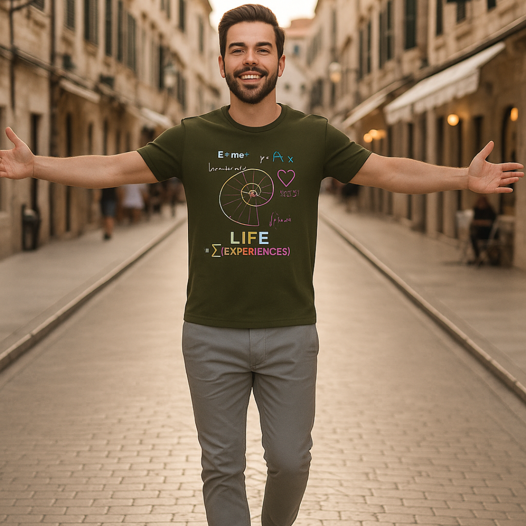 Life = Σ(Experiences) Graphic Regular T-Shirt – Math & Science Inspired Motivational Tee for Men, Olive