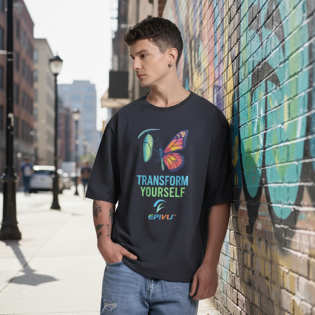 Transform Yourself Oversized Graphic T-Shirt – Motivational Butterfly Print Tee for Men, Grey