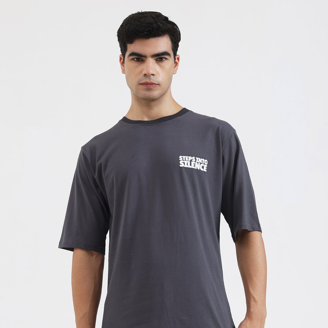 Steps Into Silence Oversized Graphic T-Shirt – Mountain Trekking Adventure Tee for Men, Grey