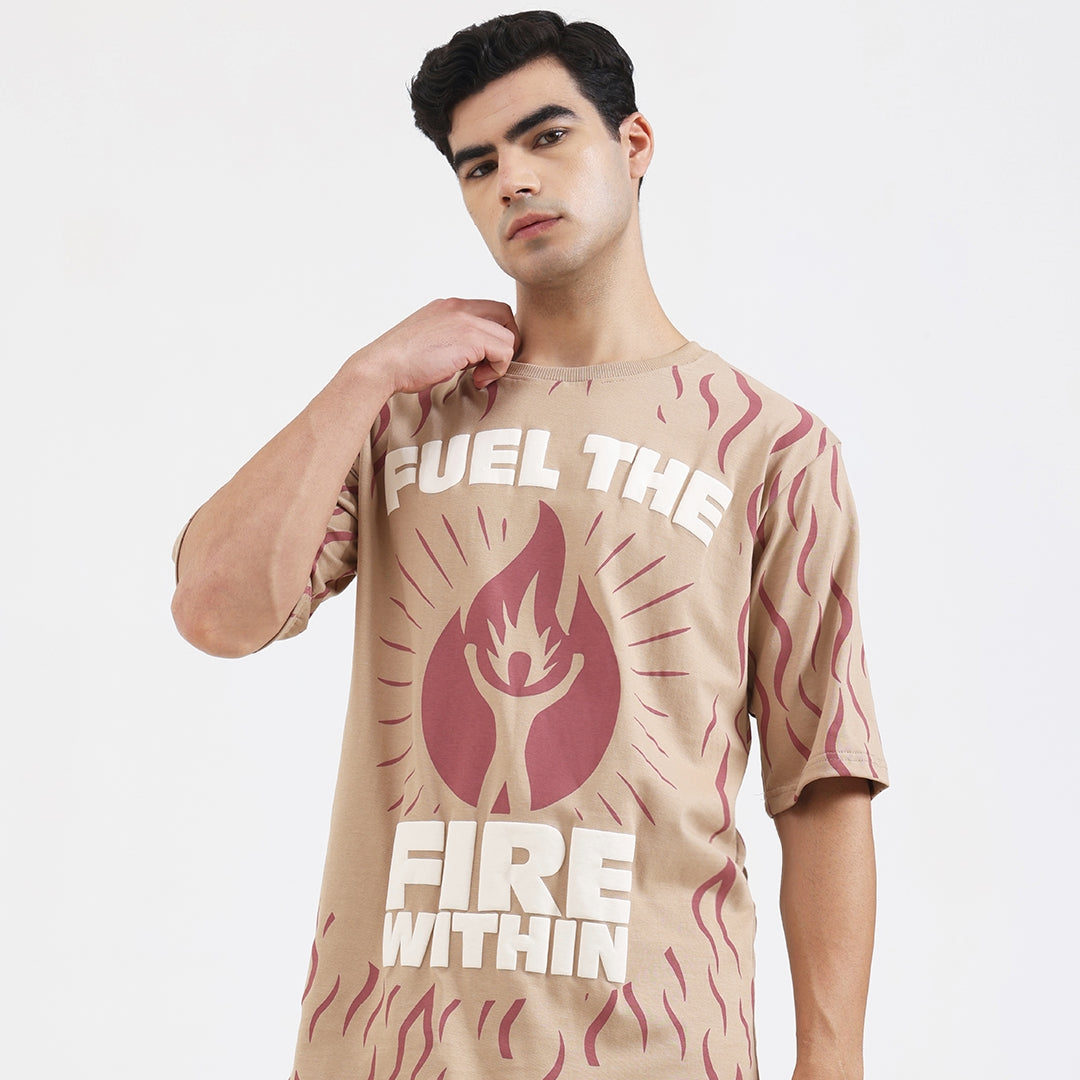 Fuel The Fire Within Graphic Oversized T-Shirt – Motivational Flame Print Tee for Men, Beige