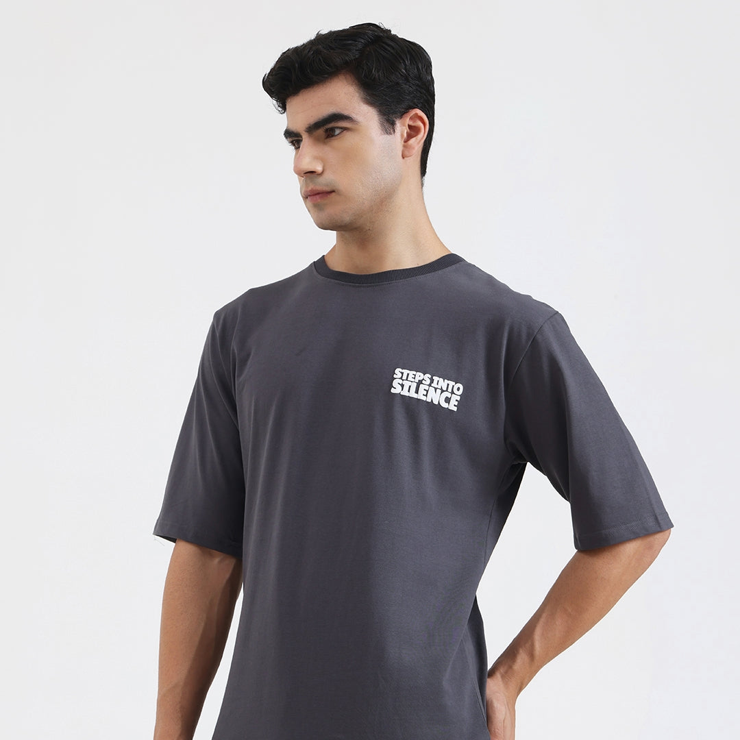 Steps Into Silence Oversized Graphic T-Shirt – Mountain Trekking Adventure Tee for Men, Grey