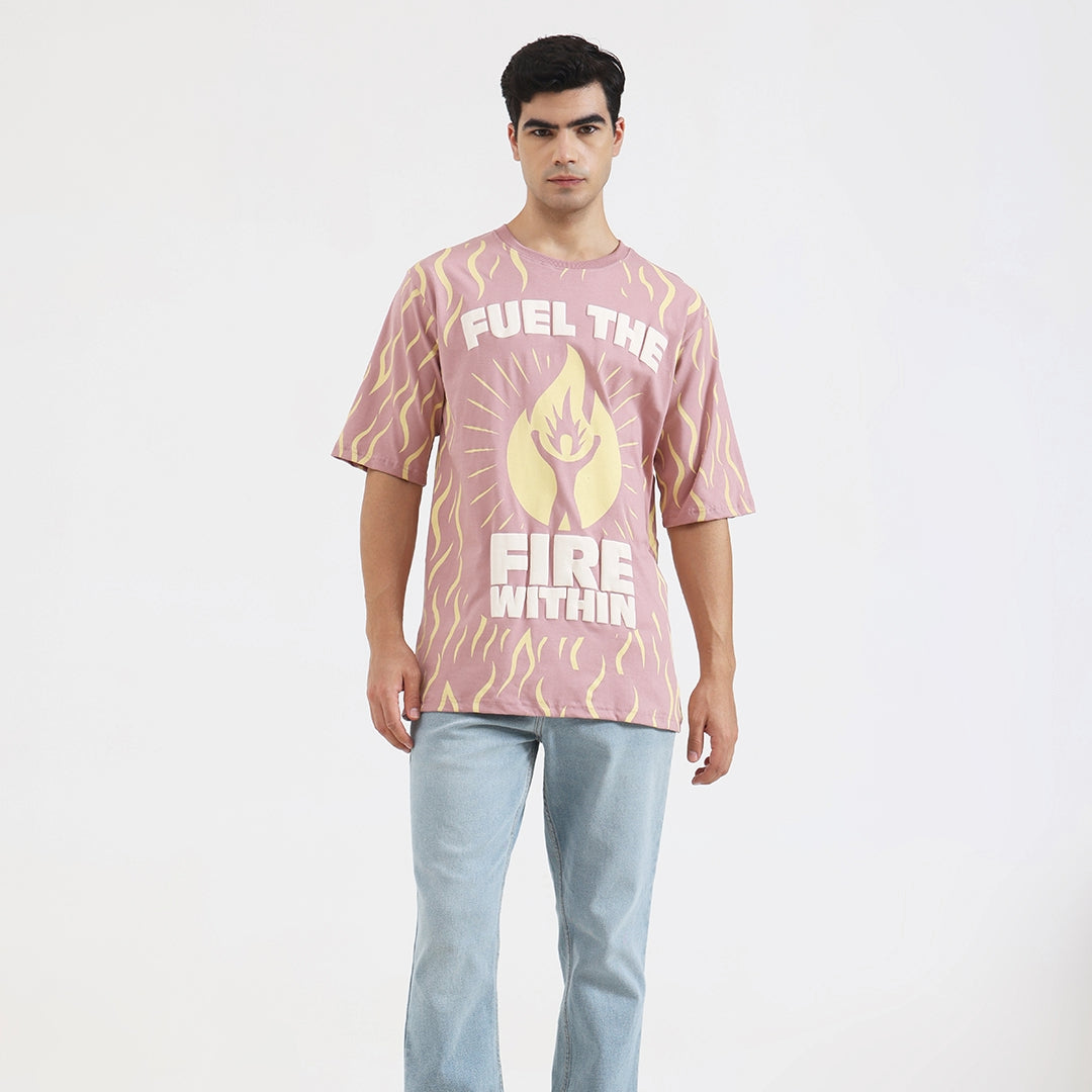 Fuel The Fire Within Graphic Oversized T-Shirt – Motivational Flame Print Tee for Men, Onion