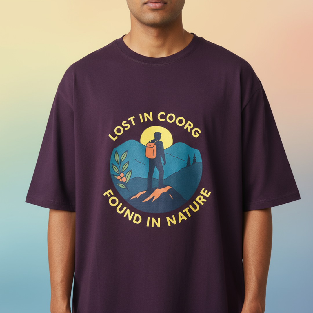 Lost in Coorg Found in Nature Graphic Oversized T-Shirt – Adventure & Travel-Inspired Tee for Men
