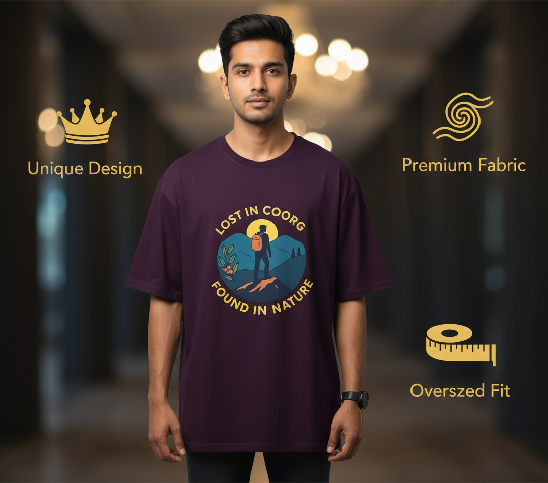 Lost in Coorg Found in Nature Graphic Oversized T-Shirt – Adventure & Travel-Inspired Tee for Men