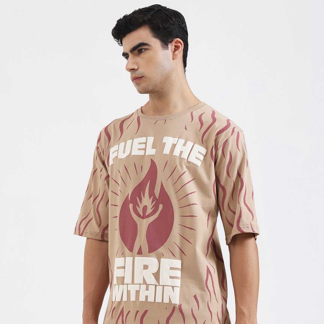 Fuel The Fire Within Graphic Oversized T-Shirt – Motivational Flame Print Tee for Men, Beige