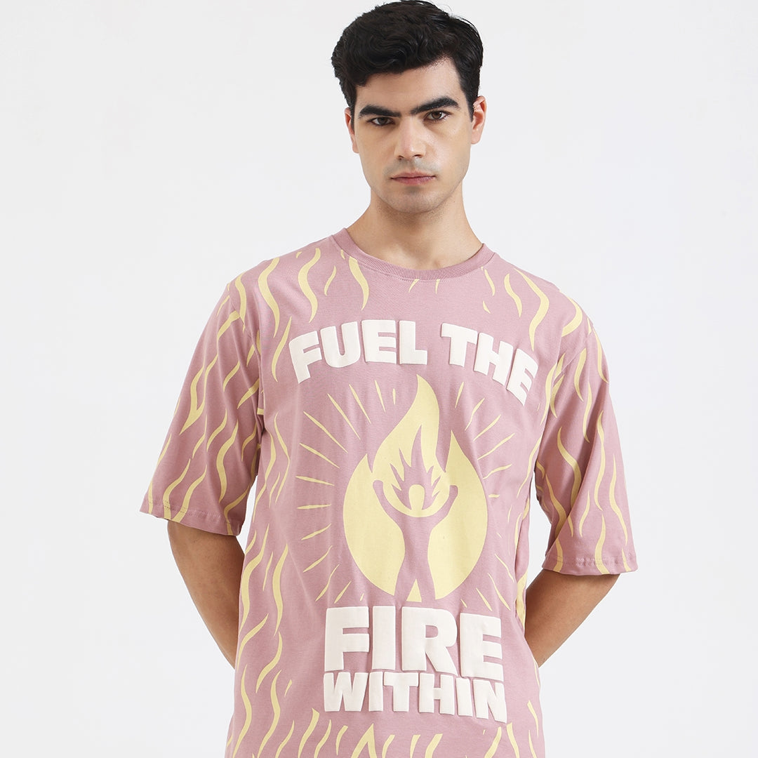 Fuel The Fire Within Graphic Oversized T-Shirt – Motivational Flame Print Tee for Men, Onion