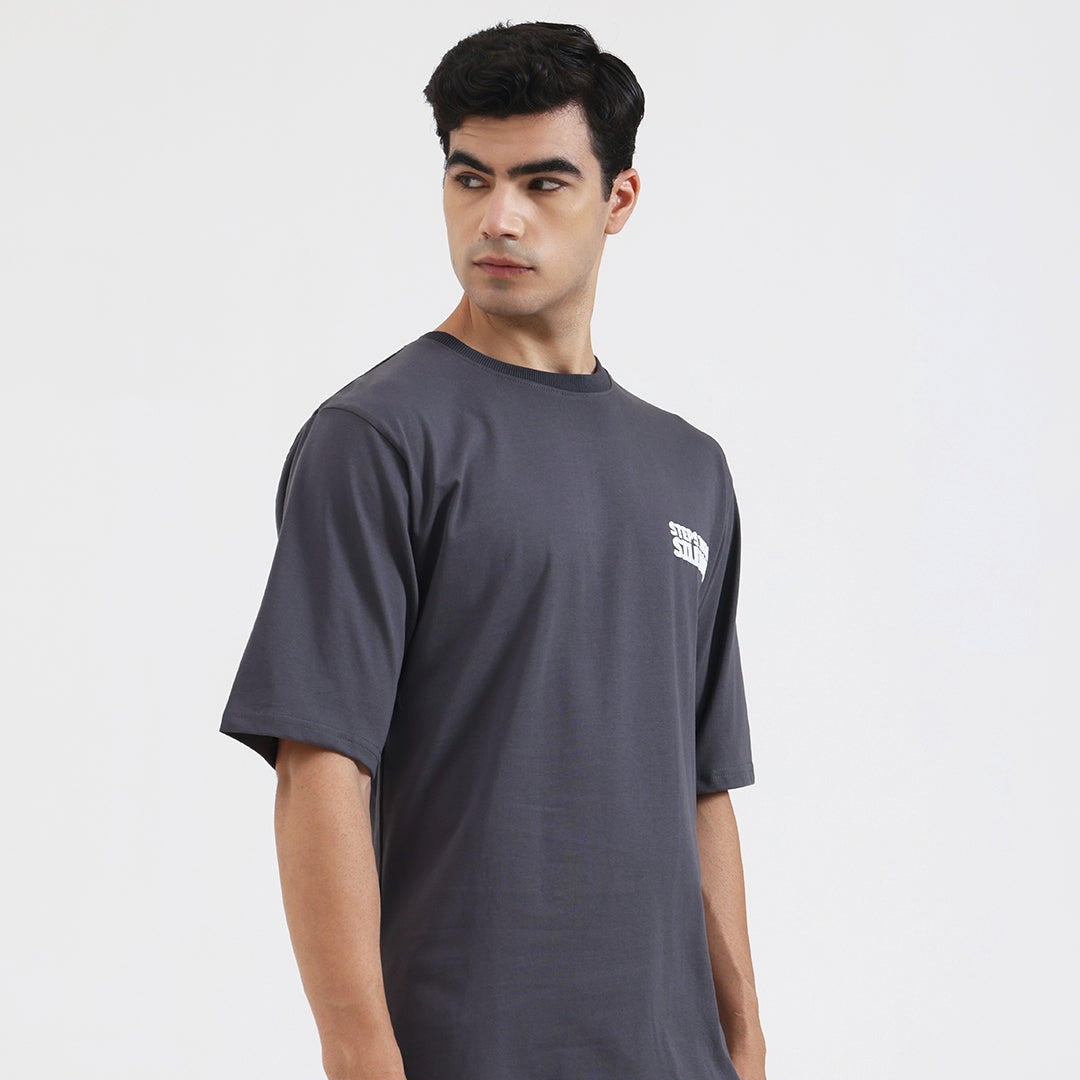 Steps Into Silence Oversized Graphic T-Shirt – Mountain Trekking Adventure Tee for Men, Grey