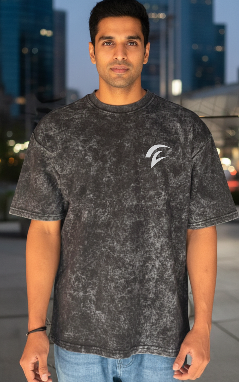 Premium Acid Wash Oversized Cotton Terry T-Shirt – 240 GSM Bio-Washed (Black)