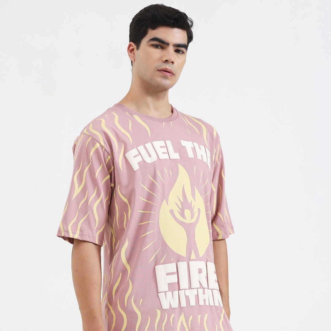 Fuel The Fire Within Graphic Oversized T-Shirt – Motivational Flame Print Tee for Men, Onion