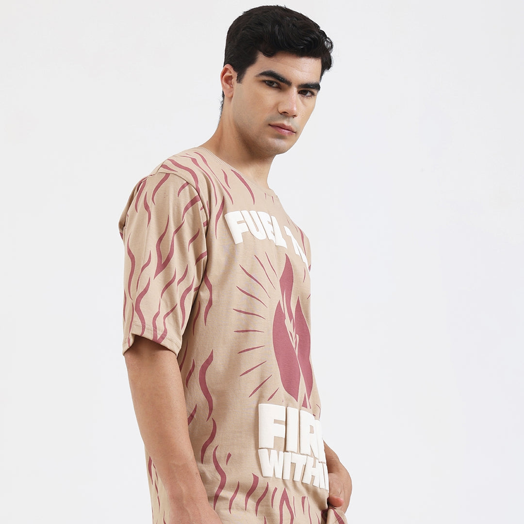 Fuel The Fire Within Graphic Oversized T-Shirt – Motivational Flame Print Tee for Men, Beige