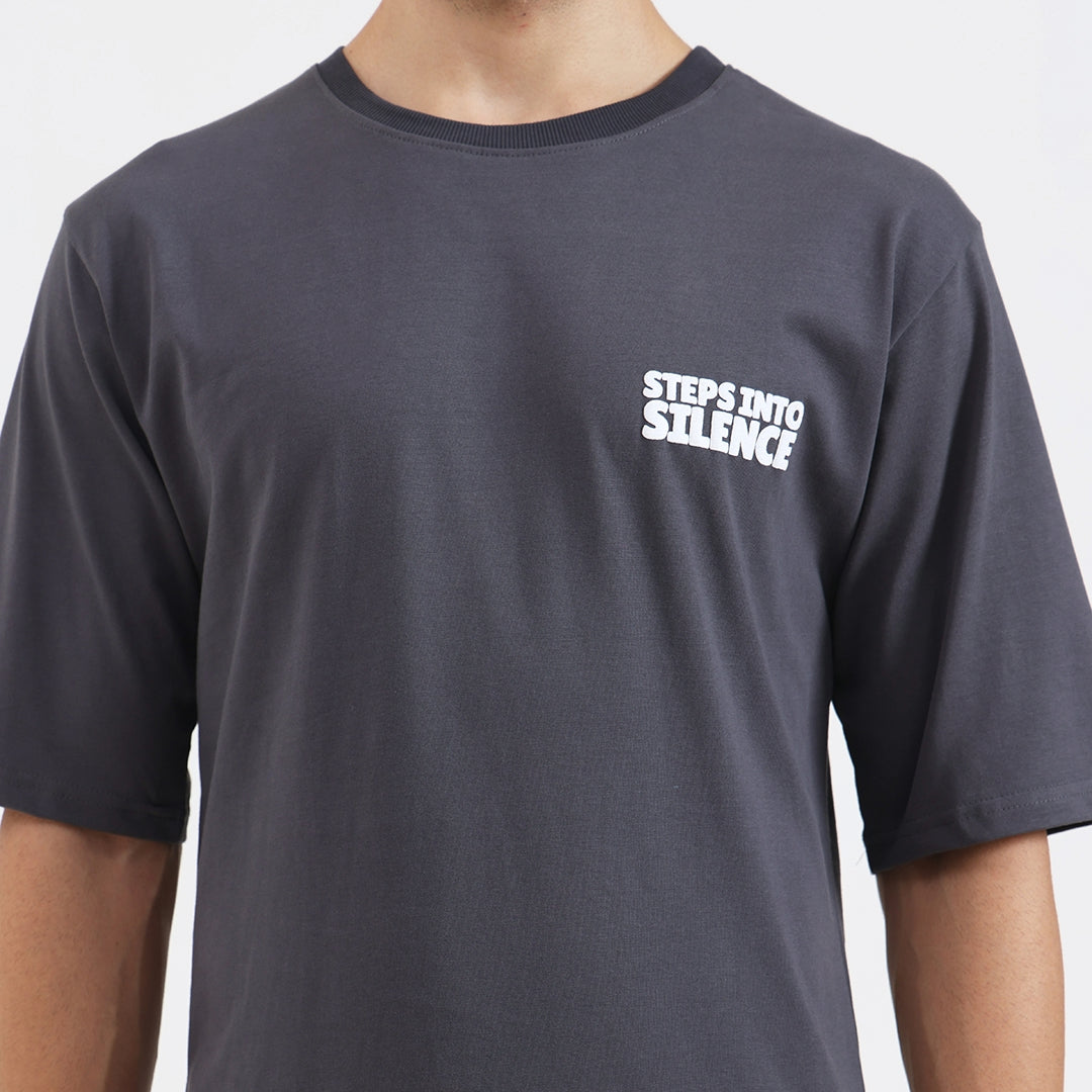 Steps Into Silence Oversized Graphic T-Shirt – Mountain Trekking Adventure Tee for Men, Grey