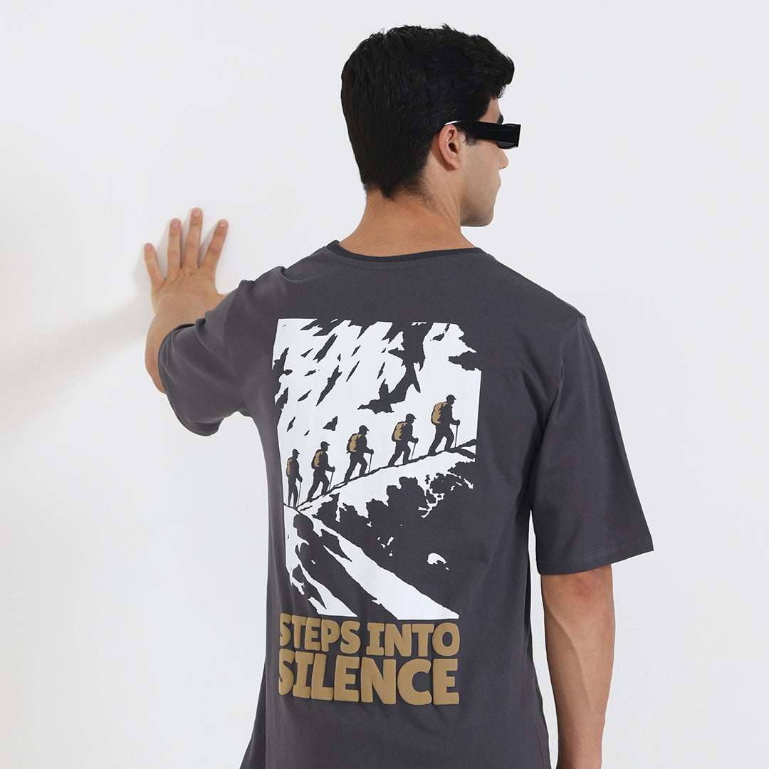Steps Into Silence Oversized Graphic T-Shirt – Mountain Trekking Adventure Tee for Men, Grey