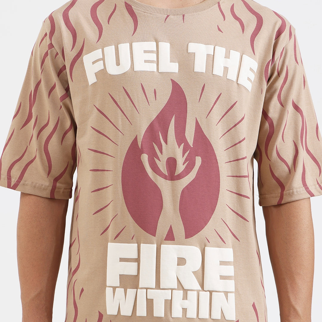 Fuel The Fire Within Graphic Oversized T-Shirt – Motivational Flame Print Tee for Men, Beige