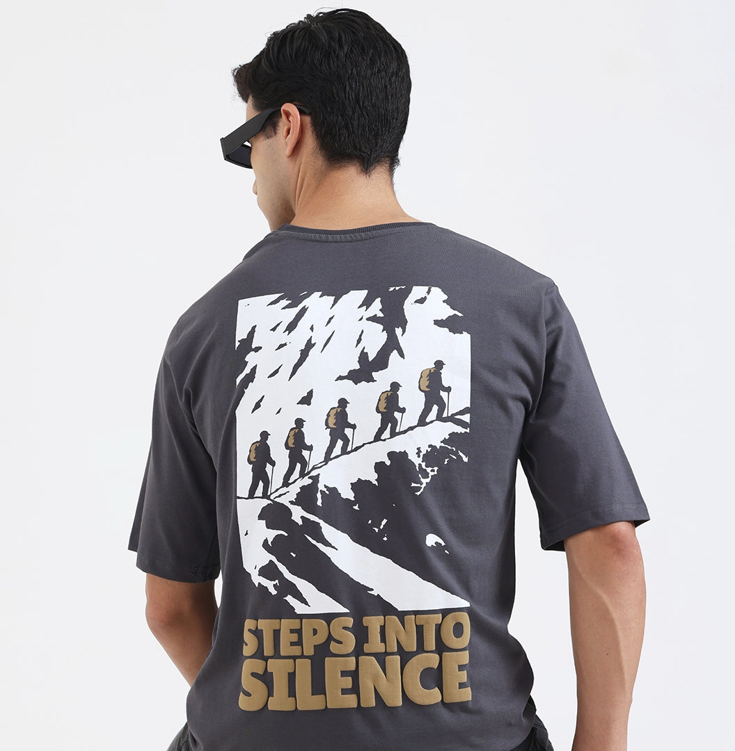 Steps Into Silence Oversized Graphic T-Shirt – Mountain Trekking Adventure Tee for Men, Grey
