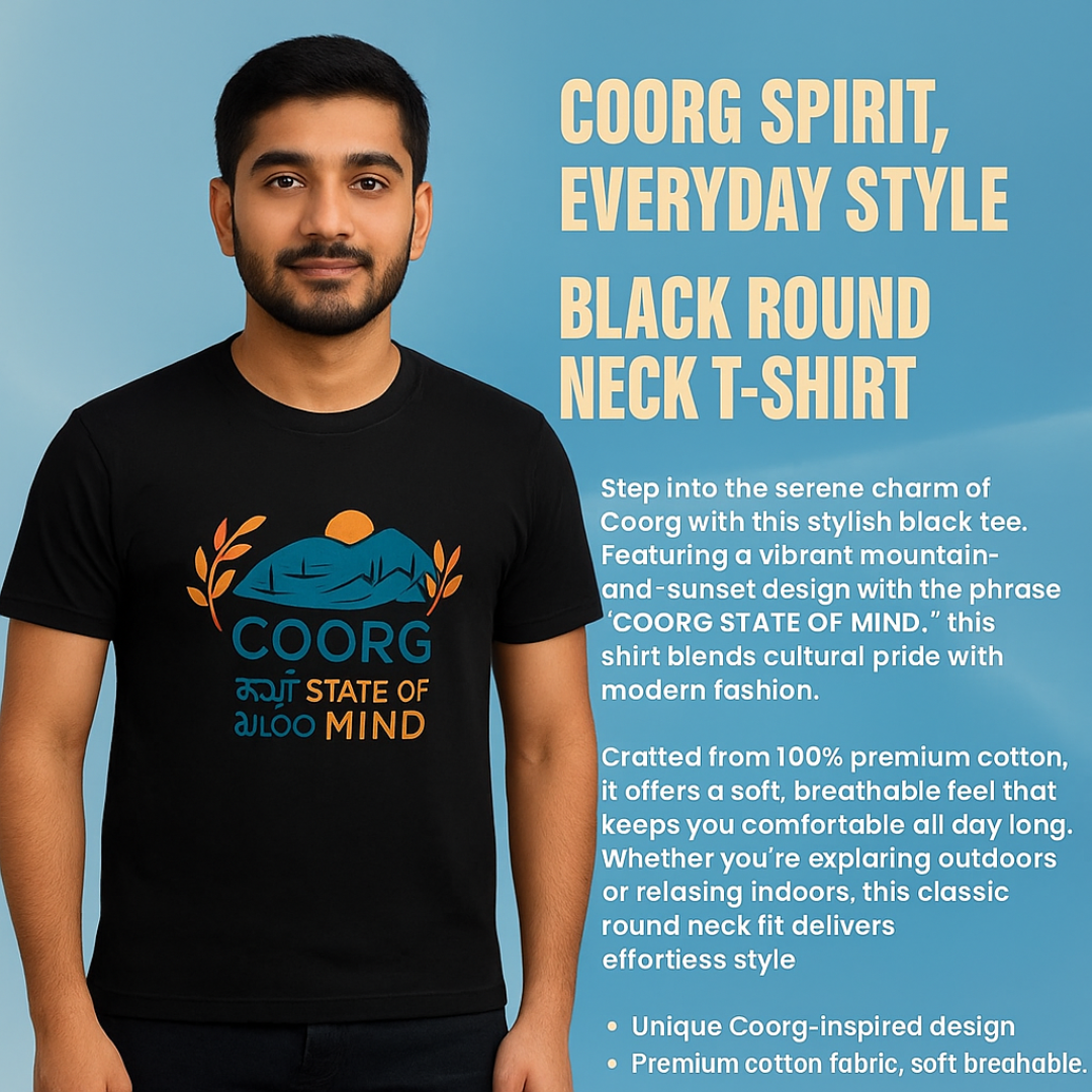 Coorg State of Mind Graphic Regular T-Shirt – Travel-Inspired Pure Cotton Tee for Men