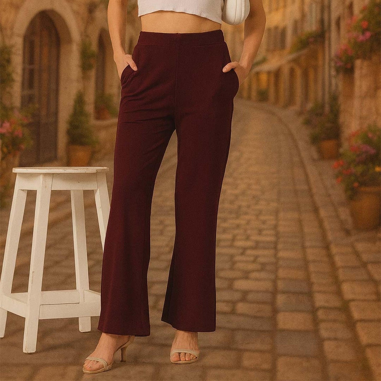 Women’s High-Waist Flared Pants – Burgundy Bliss | Elegant Office & Casual Wear