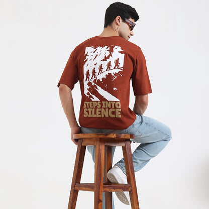 Steps Into Silence Oversized Graphic T-Shirt – Mountain Trekking Adventure Tee for Men, Cofee Brown