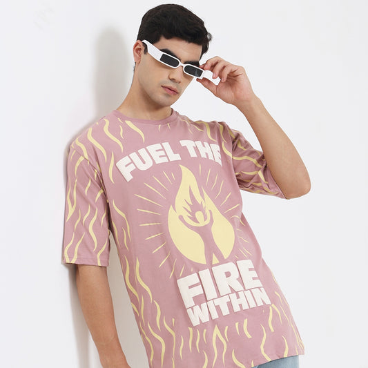 Fuel The Fire Within Graphic Oversized T-Shirt – Motivational Flame Print Tee for Men, Onion