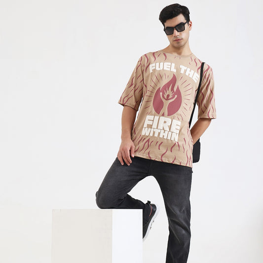 Fuel The Fire Within Graphic Oversized T-Shirt – Motivational Flame Print Tee for Men, Beige
