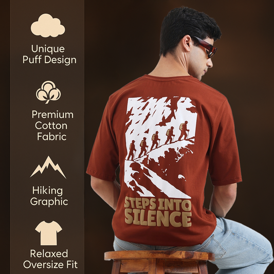 Steps Into Silence Oversized Graphic T-Shirt – Mountain Trekking Adventure Tee for Men, Cofee Brown