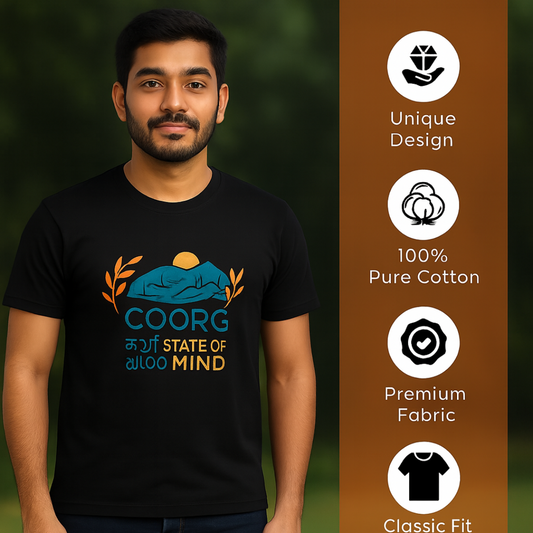Coorg State of Mind Graphic Regular T-Shirt – Travel-Inspired Pure Cotton Tee for Men