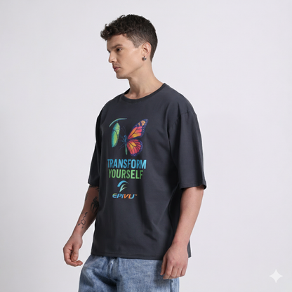 Transform Yourself Oversized Graphic T-Shirt – Motivational Butterfly Print Tee for Men, Grey