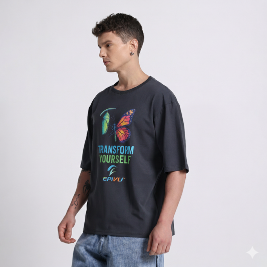 Transform Yourself Oversized Graphic T-Shirt – Motivational Butterfly Print Tee for Men, Grey