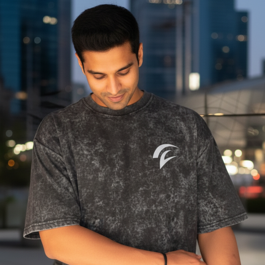 Premium Acid Wash Oversized Cotton Terry T-Shirt – 240 GSM Bio-Washed (Black)