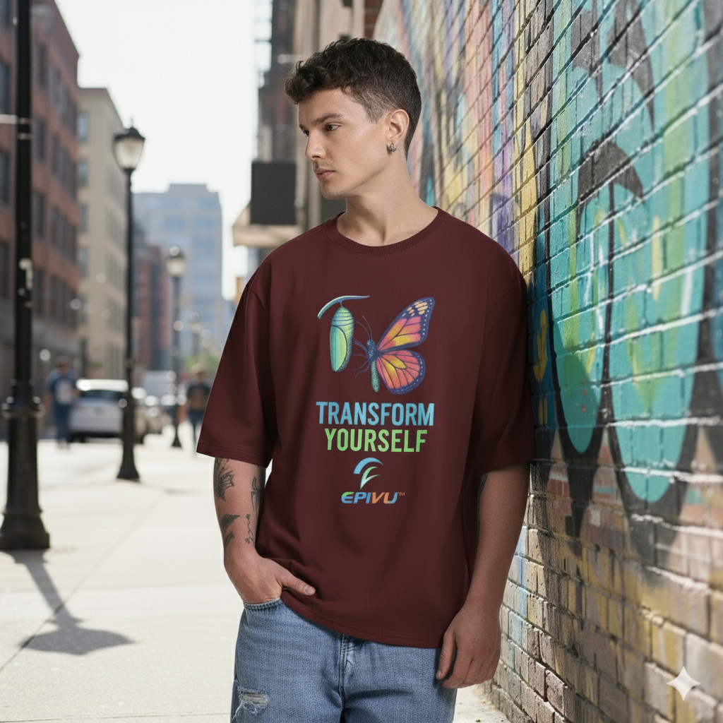 Transform Yourself Oversized Graphic T-Shirt – Motivational Butterfly Print Tee for Men, Wine
