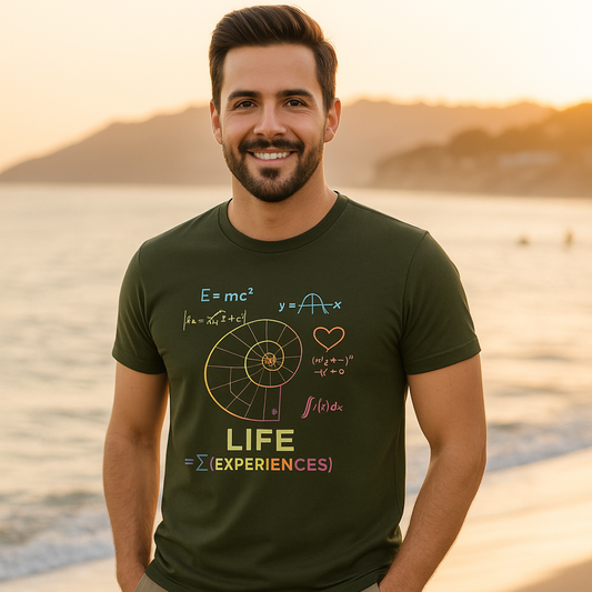 Life = Σ(Experiences) Graphic Regular  T-Shirt – Math & Science Inspired Motivational Tee for Men, Olive