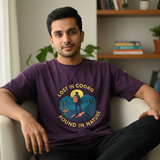 Lost in Coorg Found in Nature Graphic Oversized T-Shirt – Adventure & Travel-Inspired Tee for Men